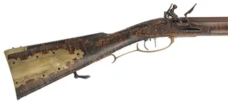 Jacob Dickert, Lancaster County, Pennsylvania Longrifle,
.50 caliber, 46" Rice swamped octagon barrel,
Chambers flintlock, maple, engraved brass trim,
peep sight, used, signed by R. Grunkemeyer